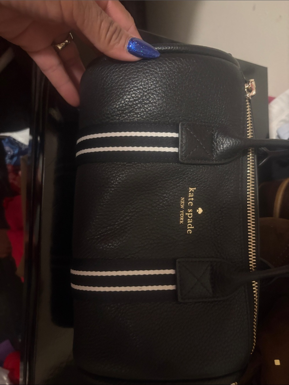 kate spade Black Pebbled Leather Toiletry Bag with White Striped Handles